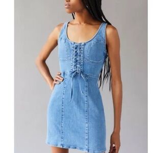 UO DENIM BUSTIER LACE UP MINI DRESS